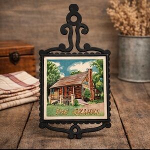 Vintage Cast Iron & Ceramic Trivet Kitchen "The Ozarks" Footed Japan 9.5" x 5"